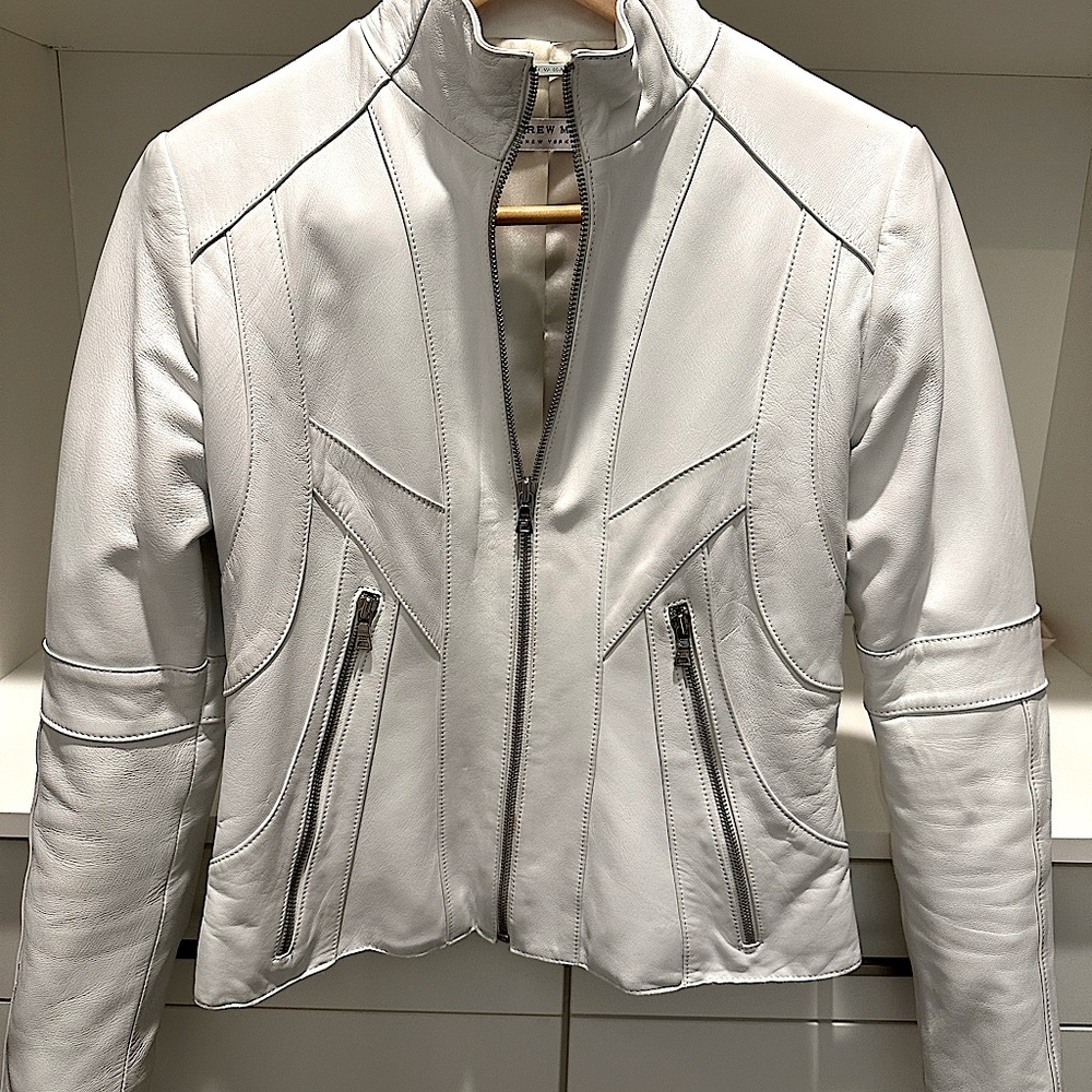 Andrew Marc's Leather Racer Jacket, White Color, Size XS